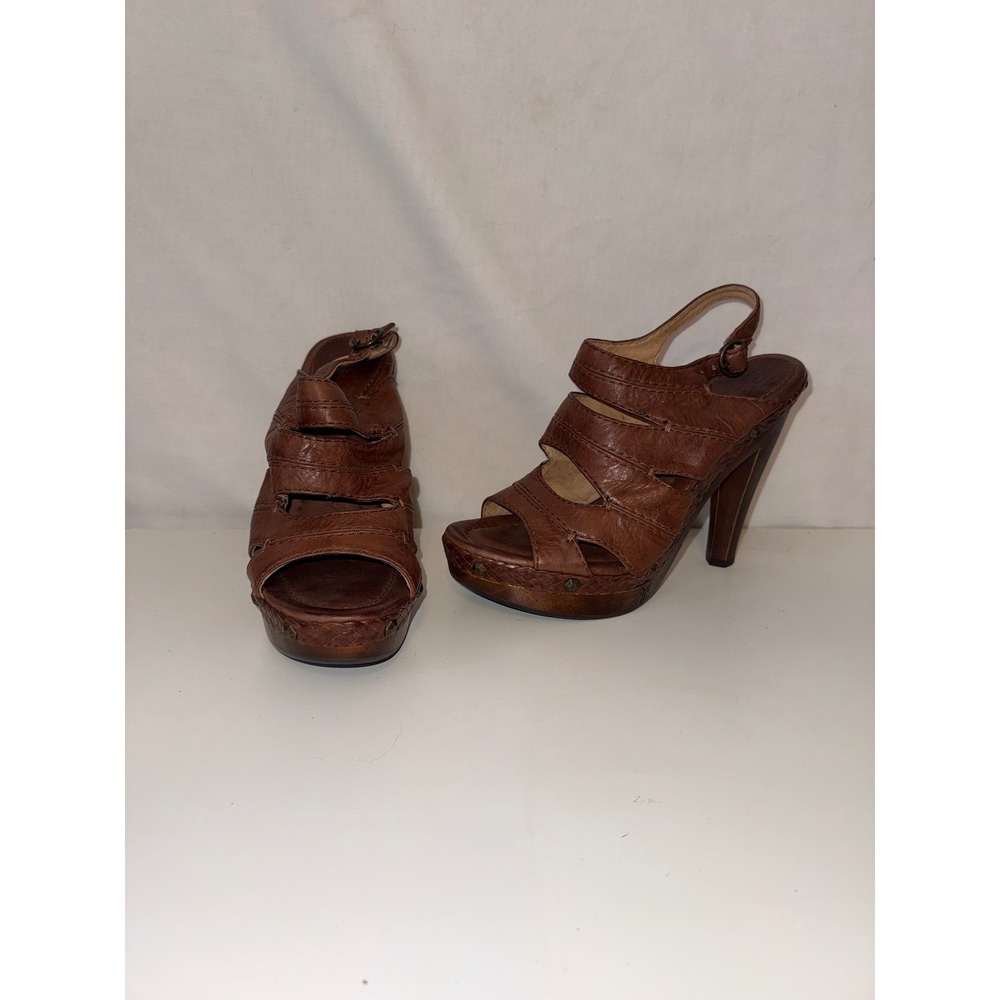 Frye Dara Campus Stitch Brown Leather Platform Slingback heels 7.5M 73625